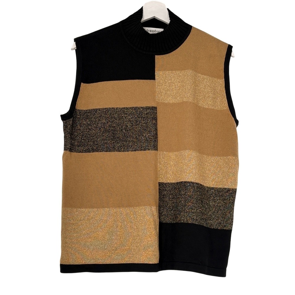Dressbarn Sweater Vest Womens Size L Tan Black Metallic Striped Colorblock Knit